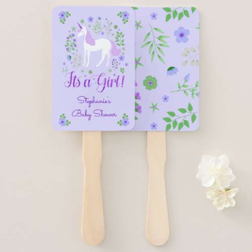 Unicorn Its A Girl Purple Baby Shower Personalized Hand Fan