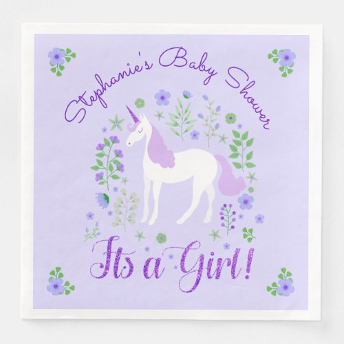 Unicorn Its A Girl Purple Baby Shower Personalized Paper Dinner Napkins