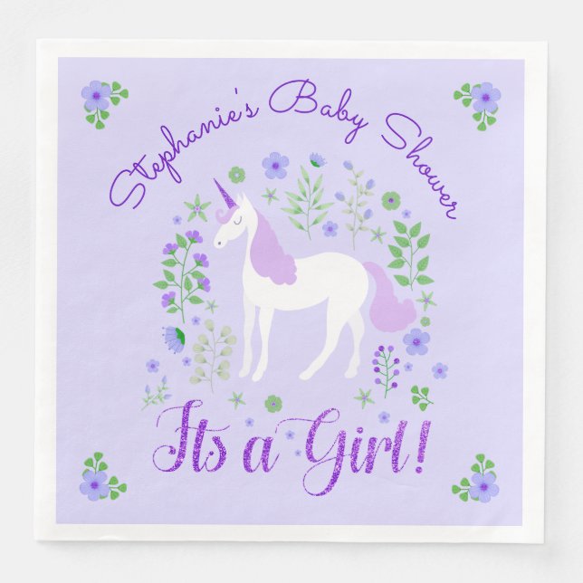 Unicorn Its A Girl Purple Baby Shower Personalized Paper Dinner Napkins (Front)