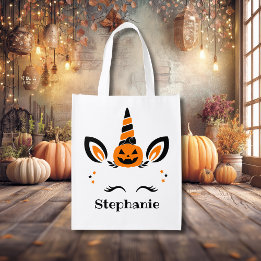 Unicorn Jack O Lantern With Name Grocery Bag
