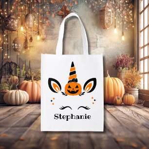 Unicorn Jack O Lantern With Name Grocery Bag