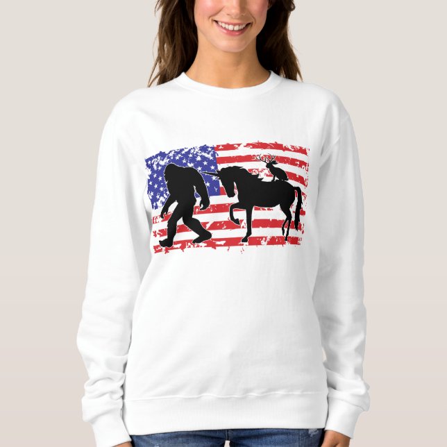 Unicorn, Jackalope, Bigfoot and the American Flag Sweatshirt (Front)