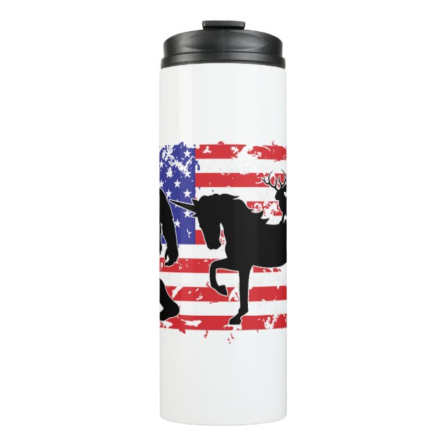 Unicorn, Jackalope, Bigfoot and the American Flag Thermal Tumbler (Front)