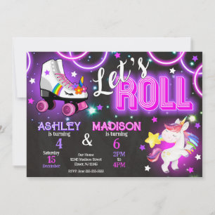 Unicorn Joint Roller Skating Birthday Neon Glow Invitation