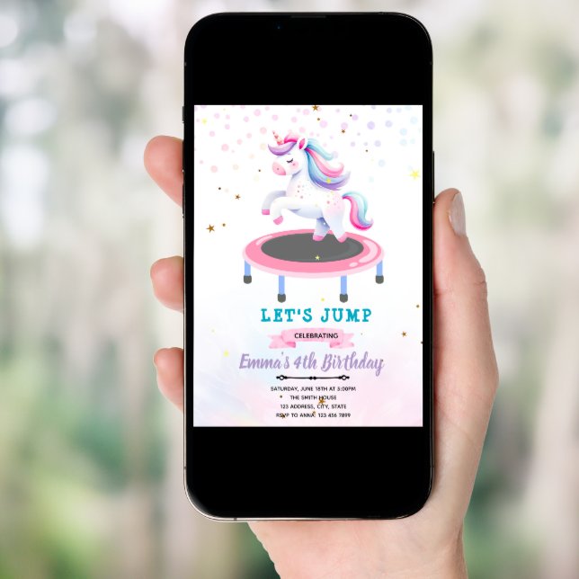 Unicorn jump birthday party invitation (Front Digital)