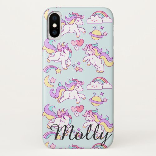 Unicorn Kawaii Cute Rainbow Pastel Custom Text iPhone XS Case