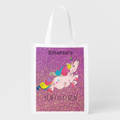 Unicorn Kawaii Rainbow Gold Purple Pink Glitter Grocery Bag