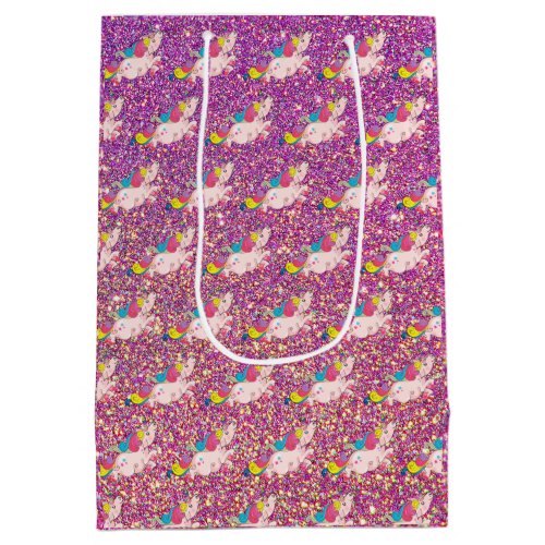 Unicorn Kawaii Rainbow Gold Purple Pink Glitter Medium Gift Bag