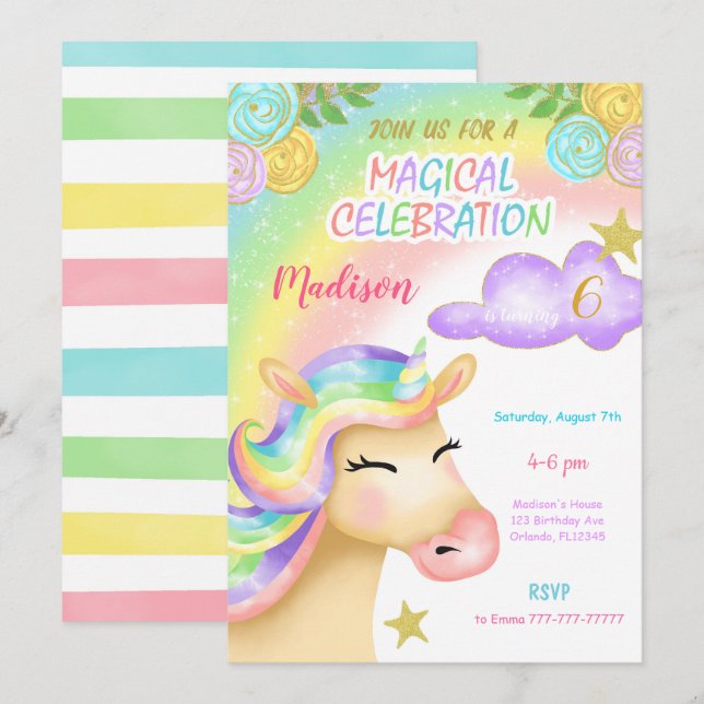 Unicorn Kids Birthday Invitation (Front/Back)