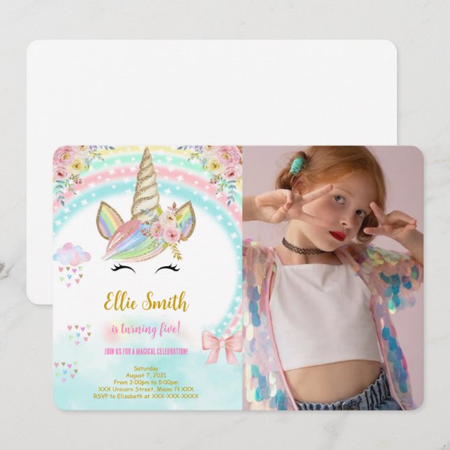 Unicorn kids Birthday Photo Invitation (Front/Back)