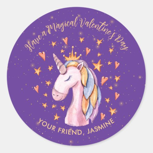 Unicorn Kids Classroom Valentines Day Classic Round Sticker