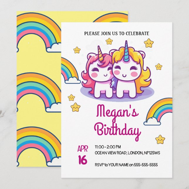 Unicorn Kids Cute Party Birthday Invitation (Front/Back)