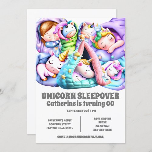 Unicorn kids sleepover slumber pajama girly girls invitation