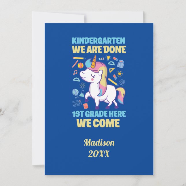 Unicorn Kindergarten Graduation 1st Grade  Invitation (Front)