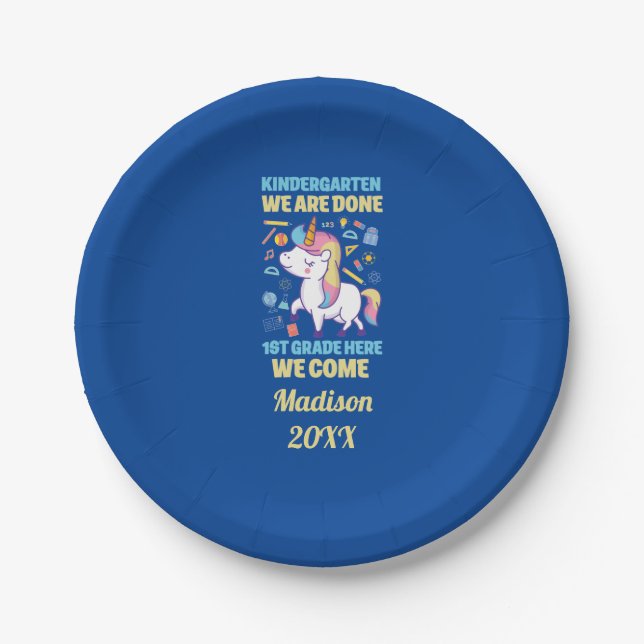 Unicorn Kindergarten Graduation 1st Grade  Paper Plates (Front)