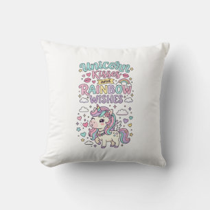 Unicorn Kisses and Rainbow Wishes Cute Pastel Grap Throw Pillow
