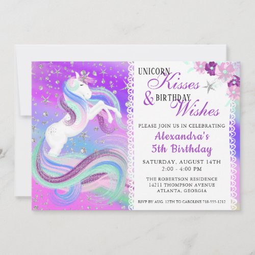 Unicorn Kisses Birthday Wishes Silver Stars Purple