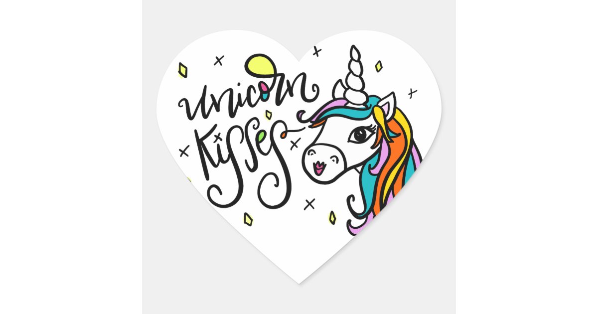 Unicorn Kisses, handdrawn Heart Sticker Zazzle