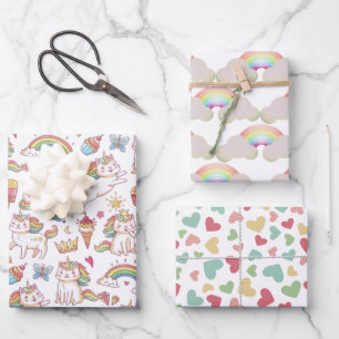 Unicorn Kittens 'n Sweet Treats, Hearts, Rainbows Wrapping Paper Sheets