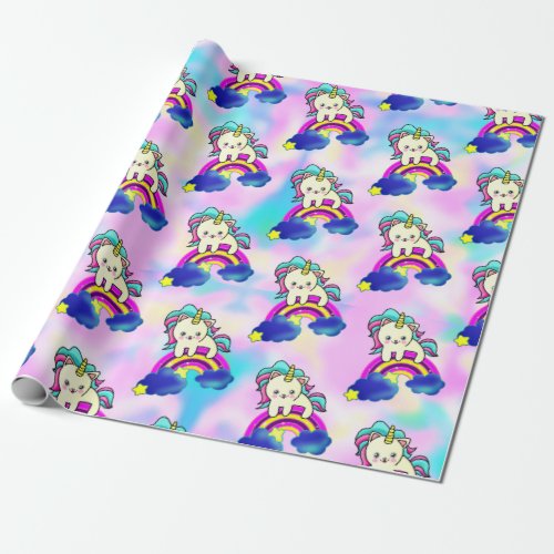 Unicorn Kitty Cat on a Starry Rainbow Wrapping Paper