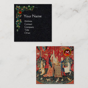 UNICORN,LADY PLAYING ORGAN,GEMSTONE MONOGRAM Black Square Business Card