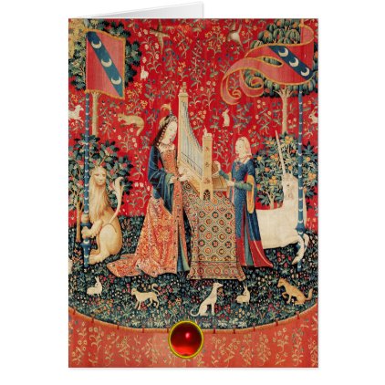 UNICORN,LADY PLAYING ORGAN Red Floral Christmas Card
