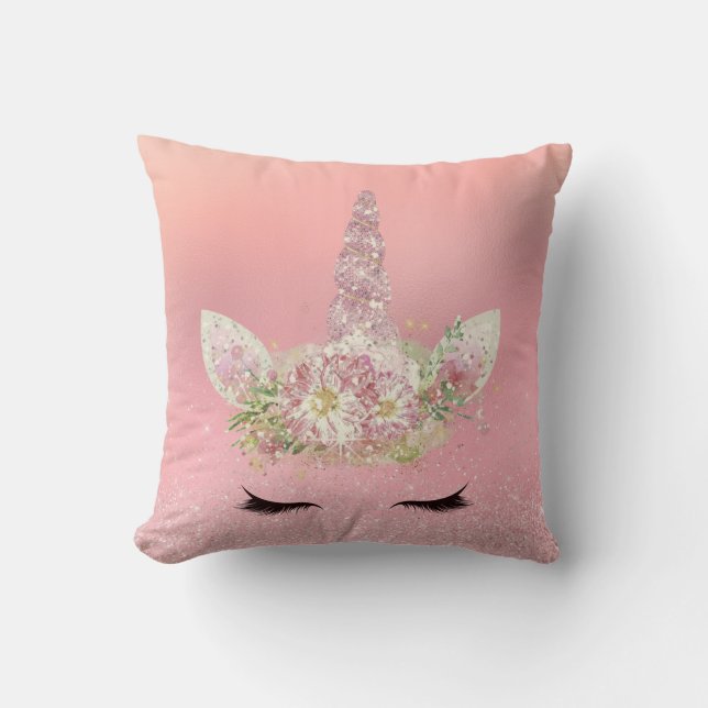 Unicorn Lashes Pink Rose Gold Glitter Flowers Throw Pillow (Front)