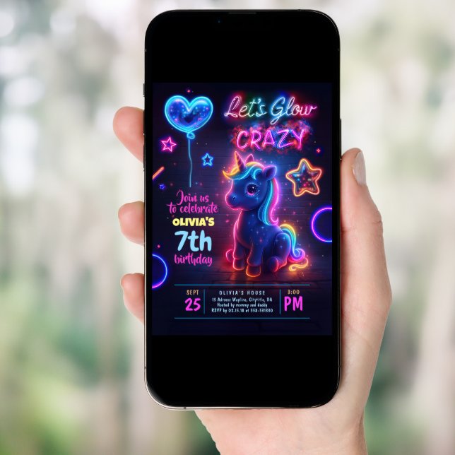 Unicorn Let's Glow Crazy Neon Birthday Party Invitation (Front Digital)