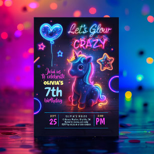 Unicorn Let's Glow Crazy Neon Birthday Party Invitation