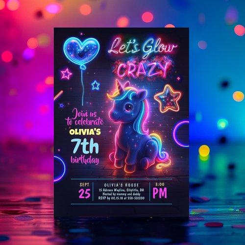 Unicorn Lets Glow Crazy Neon Birthday Party Invitation