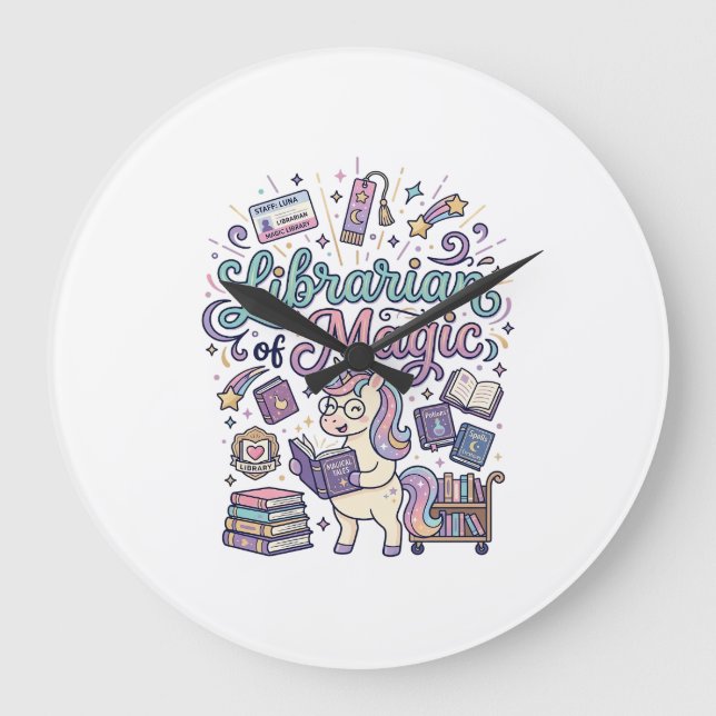 Unicorn Librarian of Magic Print Ready Apparel Gra Large Clock (Front)