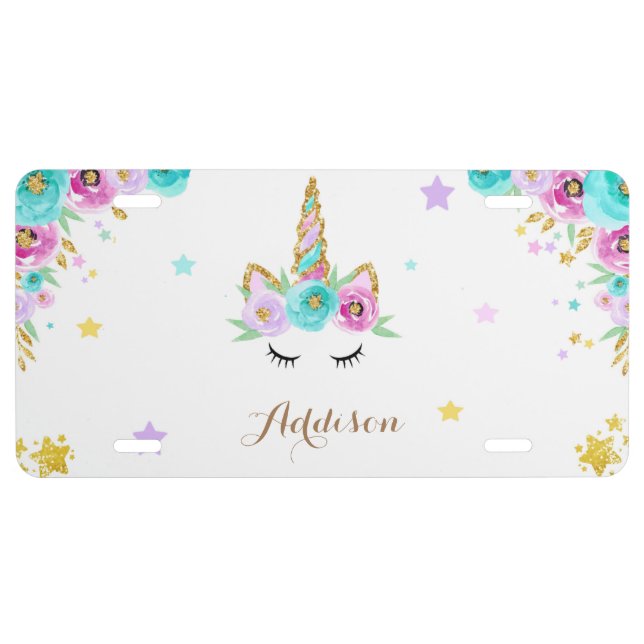 Unicorn license plate with flowers (Front)