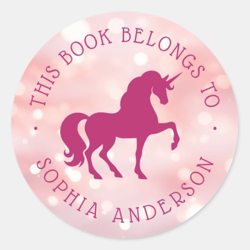  Unicorn light pink bokeh library book label