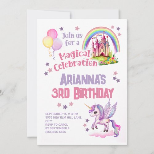 Unicorn Little Girls 2nd Birthday  Invitation