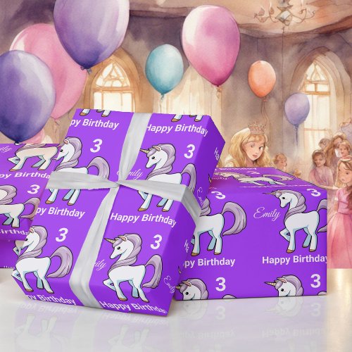 UNICORN Little Girls Personalize Name Birthday Wrapping Paper