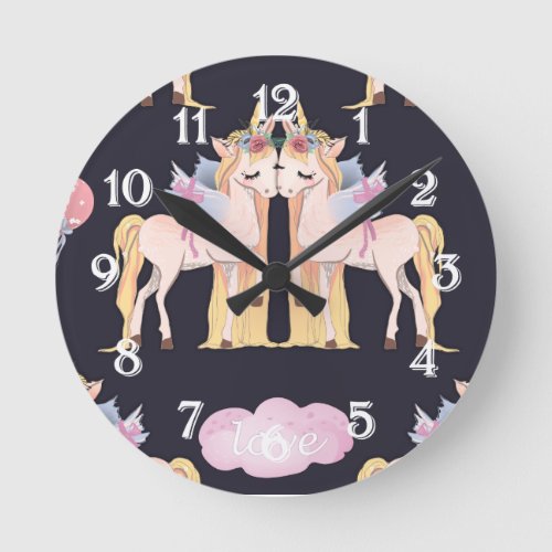 Unicorn Love Blue Round Clock