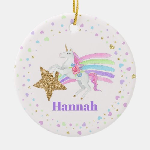 Unicorn Love Hearts  Star Girls Ceramic Ornament