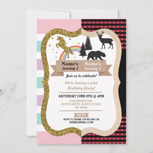 Unicorn & Lumberjack Boy Girl Birthday Invites (Front)