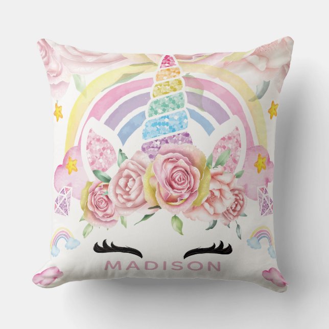 Unicorn Luxury Glitter Rainbow Throw Pillow (Front)