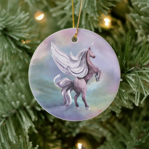 Unicorn Magic  Colorful Pastel Fantasy Watercolor Ceramic Ornament