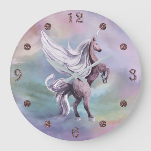 Unicorn Magic  Colorful Pastel Fantasy Watercolor Large Clock