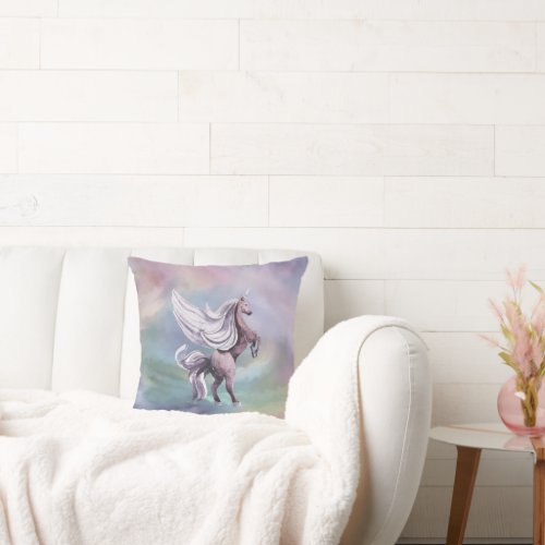 Unicorn Magic  Colorful Pastel Fantasy Watercolor Throw Pillow