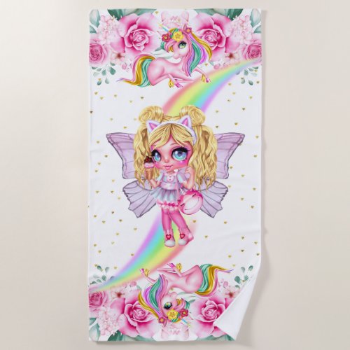 Unicorn magic fairy girl pink rose fantasy rainbow beach towel