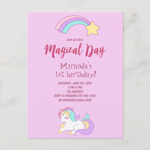 Unicorn magic girly 1st birthday party invitation postcard