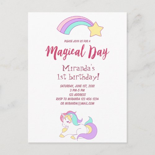 Unicorn magic girly 1st birthday party invitation postcard