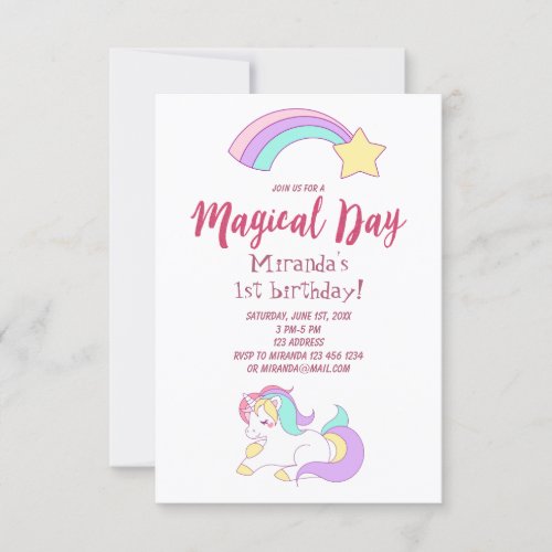 Unicorn magic girly birthday party invitation card