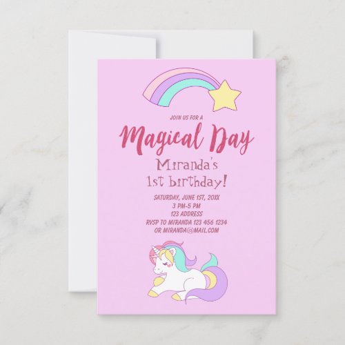 Unicorn magic girly birthday party invitation card