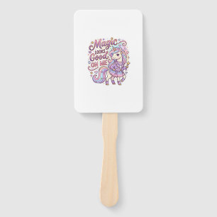 Unicorn Magic Looks Good on Me Graphic Design Whit Hand Fan