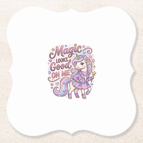 Unicorn Magic Looks Good on Me Graphic Design Whit Paper Coaster