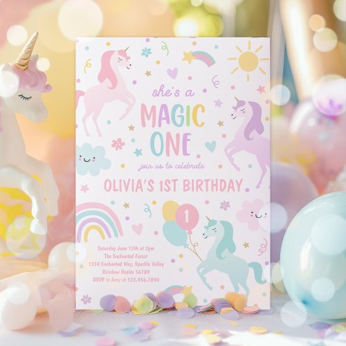 Unicorn Magic One Pastel Rainbow 1st Birthday Invitation